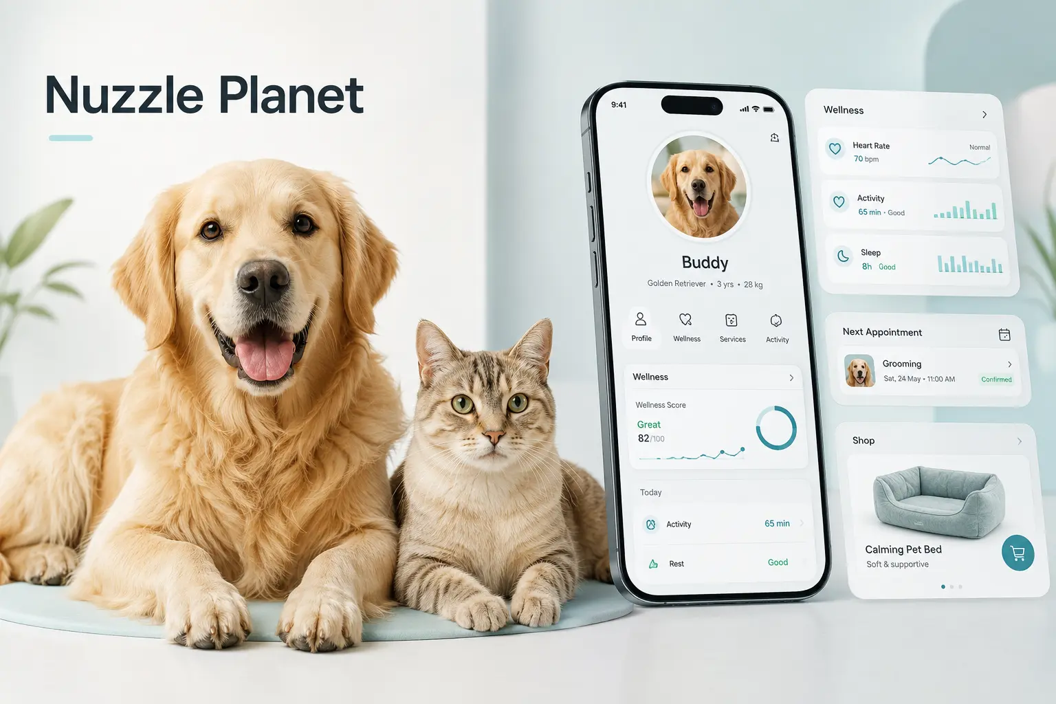 Nuzzle Planet pet identity, wellness, community, and commerce platform preview