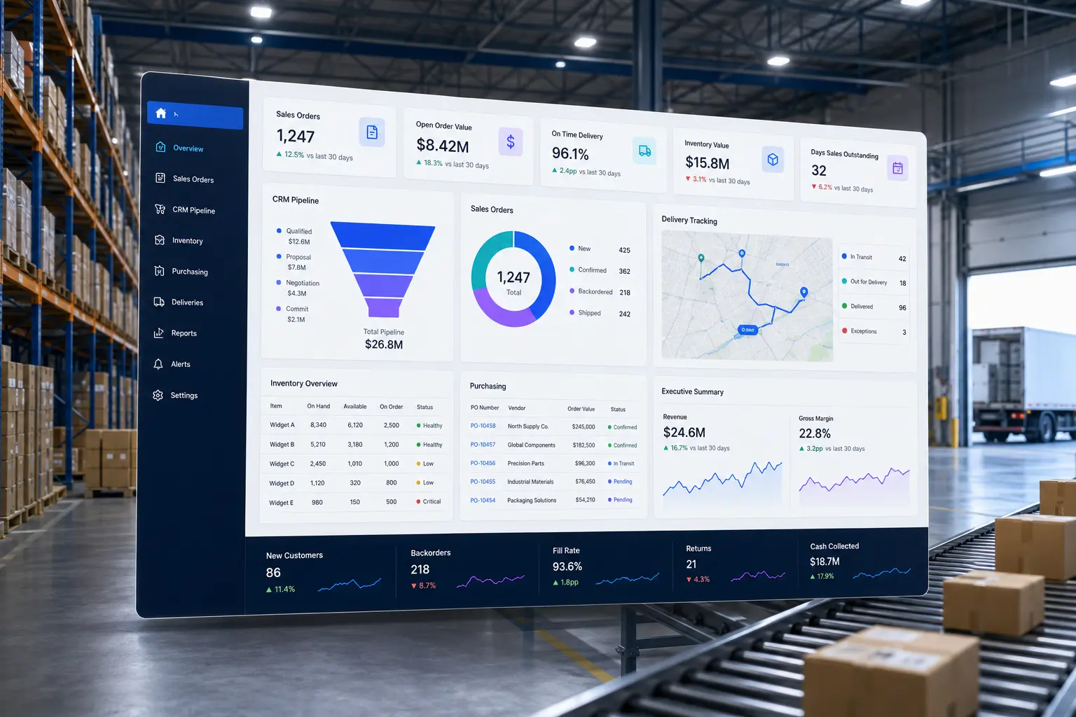 MFI Order-to-Cash sales, inventory, purchasing, delivery, and reporting platform preview